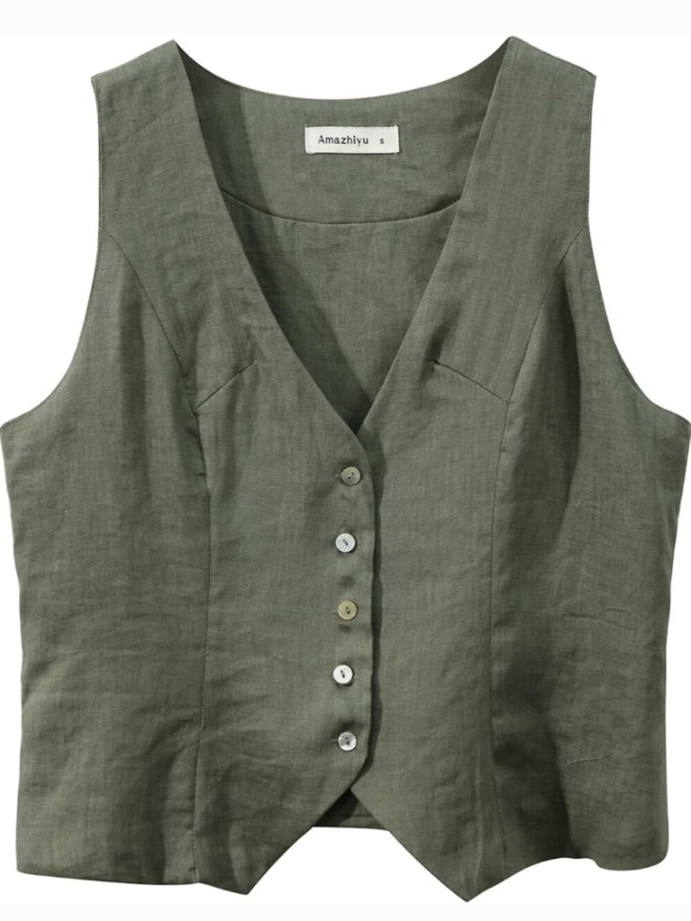 Amazhiyu Women's 100% Linen Sleeveless Button Down Crop Waistcoat